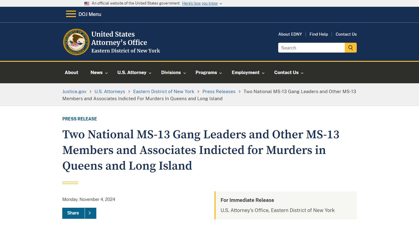 Eastern District of New York | Two National MS-13 Gang Leaders and ...